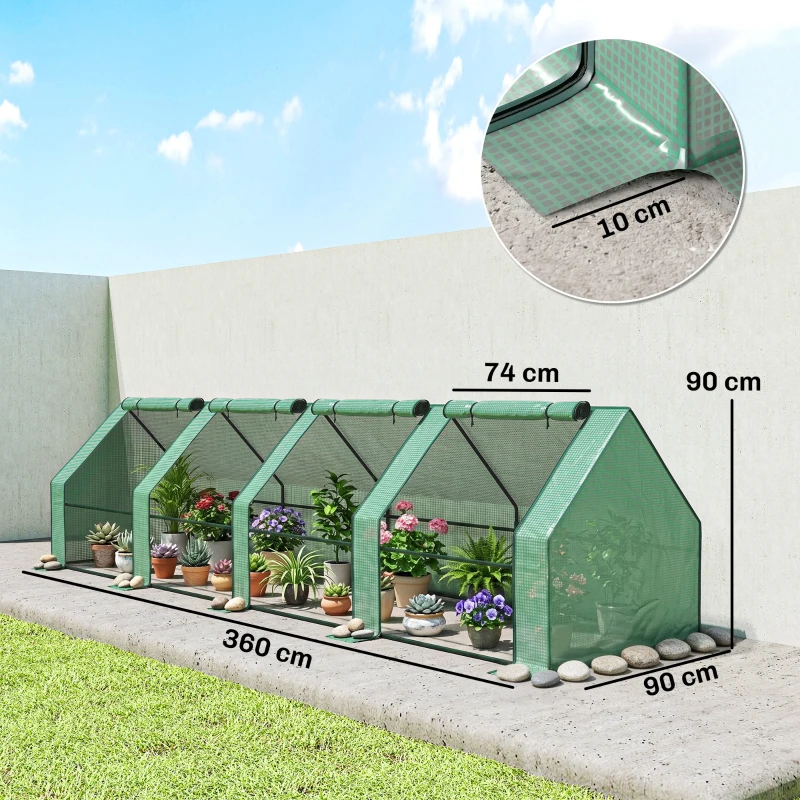 Outsunny Kas met ritssluitingsramen, winterbestendig foliekas van staal 360 x 90 x 90 cm groen