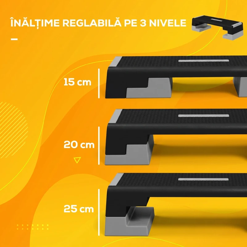 SPORTNOW Stepper Reglabil pe Înălțime cu Trepte Detașabile și Bază Antiderapantă, din ABS, 97x36x15/20/25 cm, Gri