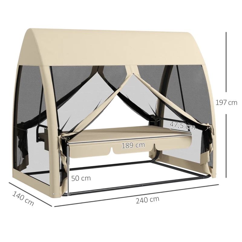 Outsunny 3-persoons terras-schommel, veranda-schommel met bedfunctie, Hollywoodschommel met muskietennet en stalen frame, Koffie