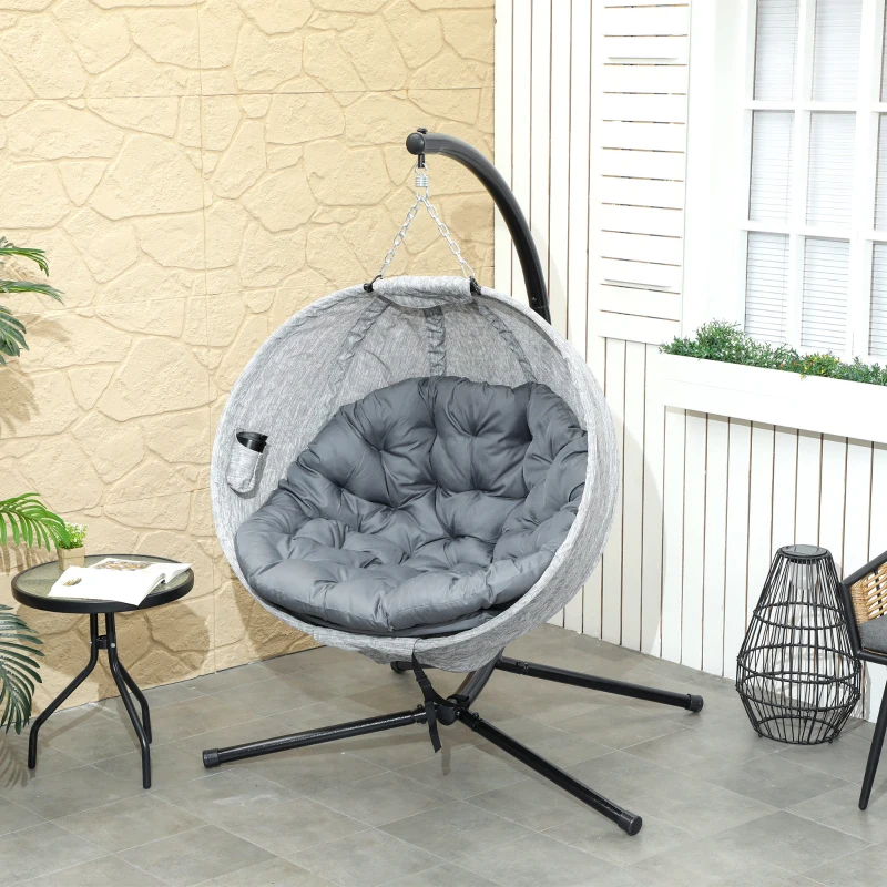 Outsunny Eivormige hangmand, hangstoel met schommelfunctie en opvouwbare mand, tuinstoel, bekerhouder, grijs