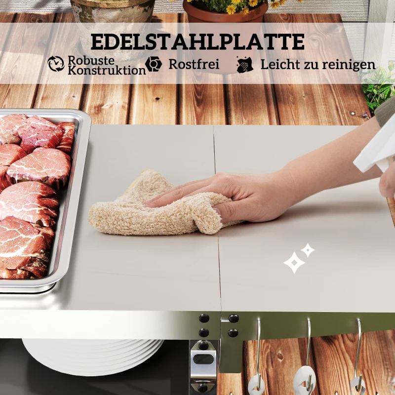 Outsunny Grillwagen – 3-laags inklapbare serveerwagen met werkblad, kast, haken en wielen, BBQ-tafel van roestvrij staal, buitenrolwagen, houtskoolgrill voor tuin, 116x50x93 cm, zwart