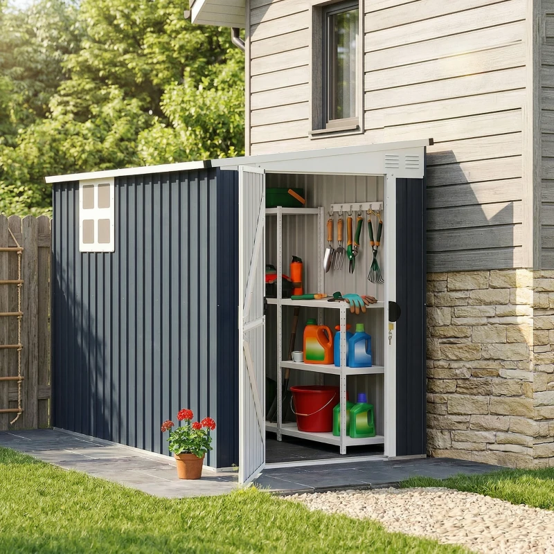 Outsunny Gartenlagerschuppen, Werkzeugschuppen für Gartengeräte, Fenster, Lüftungsöffnungen, abschließbar, Stahl, Dunkelgrau(m-10)