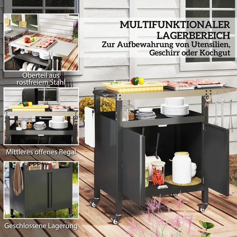 Outsunny Grillwagen – 3-laags inklapbare serveerwagen met werkblad, kast, haken en wielen, BBQ-tafel van roestvrij staal, buitenrolwagen, houtskoolgrill voor tuin, 116x50x93 cm, zwart