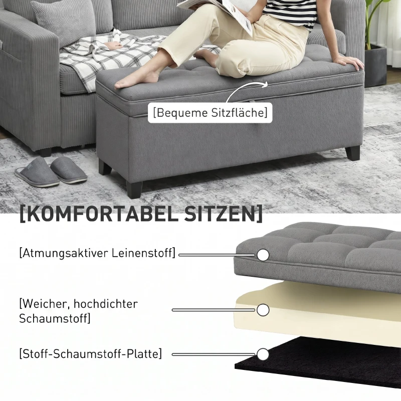 HOMCOM Zitbank met opbergruimte, gestoffeerde bank 120x40x48 cm met veiligheidsscharnieren, linnenlook, donkergrijs