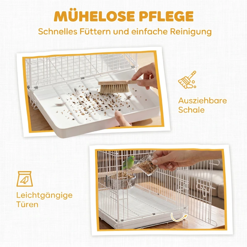 PawHut Tragbarer faltbarer Vogelkäfig für Reisen, mit Sitzstange aus Holz und Edelstahlschalen, geeignet für kleine Vögel
