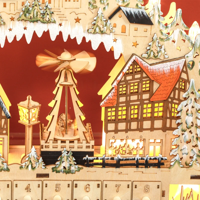 HOMCOM Adventskalender, Weihnachtsdorf, 18 LEDs, 24 Schubladen, wiederverwendbar, 45 x 9 x 42,5 cm(m-7)