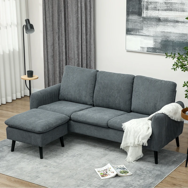 HOMCOM Canapea colțar cu 3 locuri și șezlong reversibil, din material textil cu aspect de catifea, 196x140x88 cm, gri cărbune(m-10)