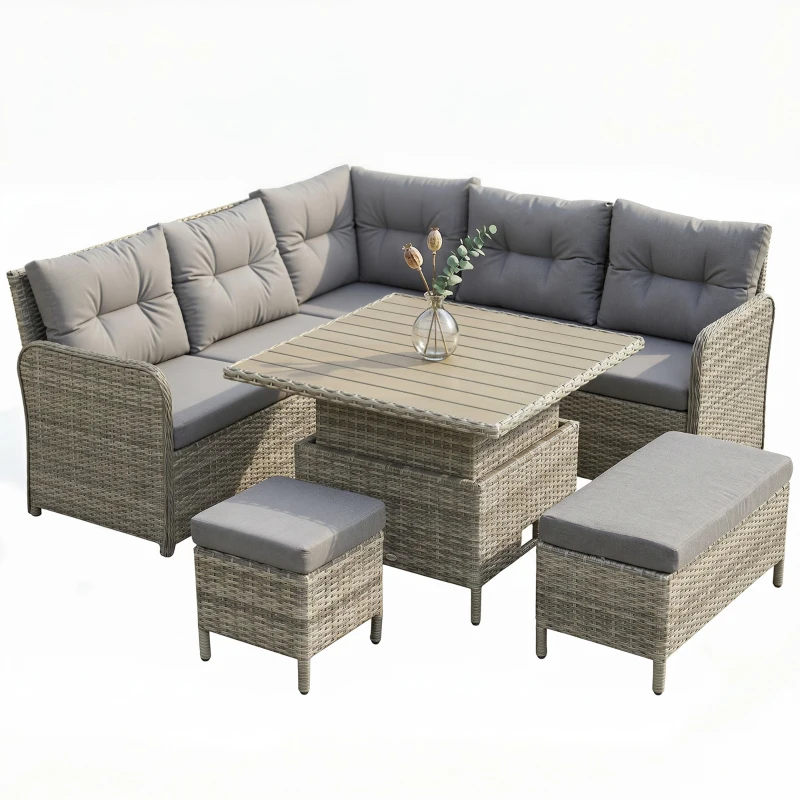 Outsunny 7 Seater Rattan Garden Furniture Set, 6 Piece Patio Dining Set with Liftable Coffee Table and Soft Padded Cushion, Wicker Sectional Conversation Corner Sofa, 123 x 55 x 84 cm, Grey