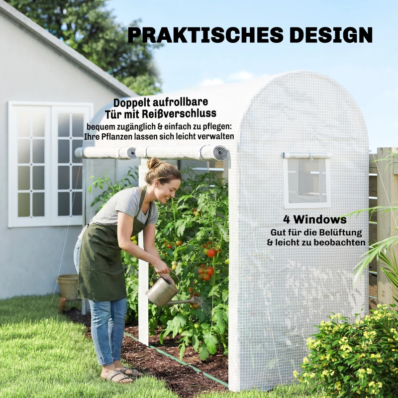Outsunny Kas met ramen en deur, foliekas op stalen frame, 300x100x200 cm, wit