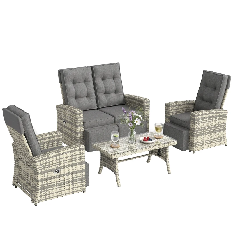 Outsunny 4 Piece Rattan Garden Furniture Set Outdoor Sofa Sectional Set with Glass Top Table for Poolside, Light Grey