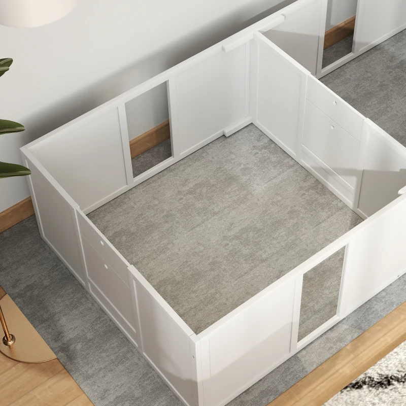 PawHut Werpkist voor puppy's, hondenren, puppyren met antislip vloerglijders en deur, houten honden werpkist, puppyren voor middelgrote honden, 196 x 96 x 48 cm, wit