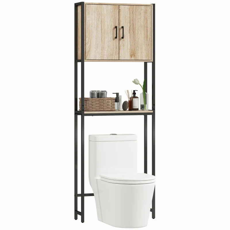 kleankin Móvel sobre Sanita com 2 Portas Prateleira Ajustável Prateleira Aberta Estante de Casa de Banho 64x19x178 cm Madeira