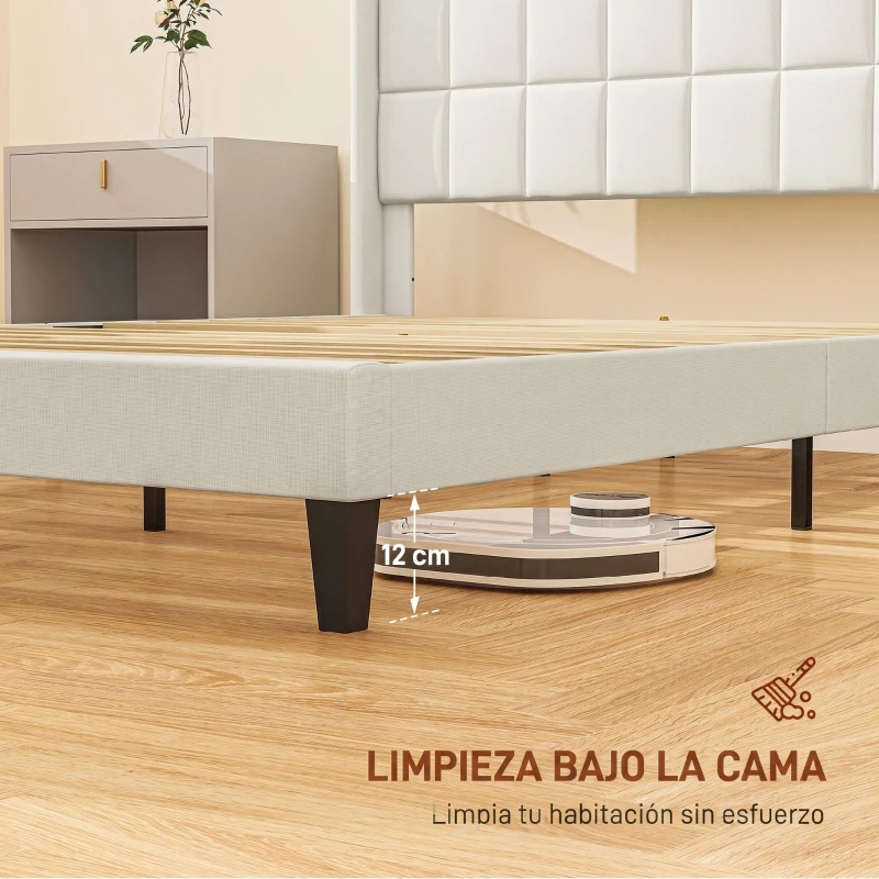 HOMCOM Cama 135x190 cm con Almacenaje Inferior Tapizada y Cabecero Acolchado con Orejas Beige