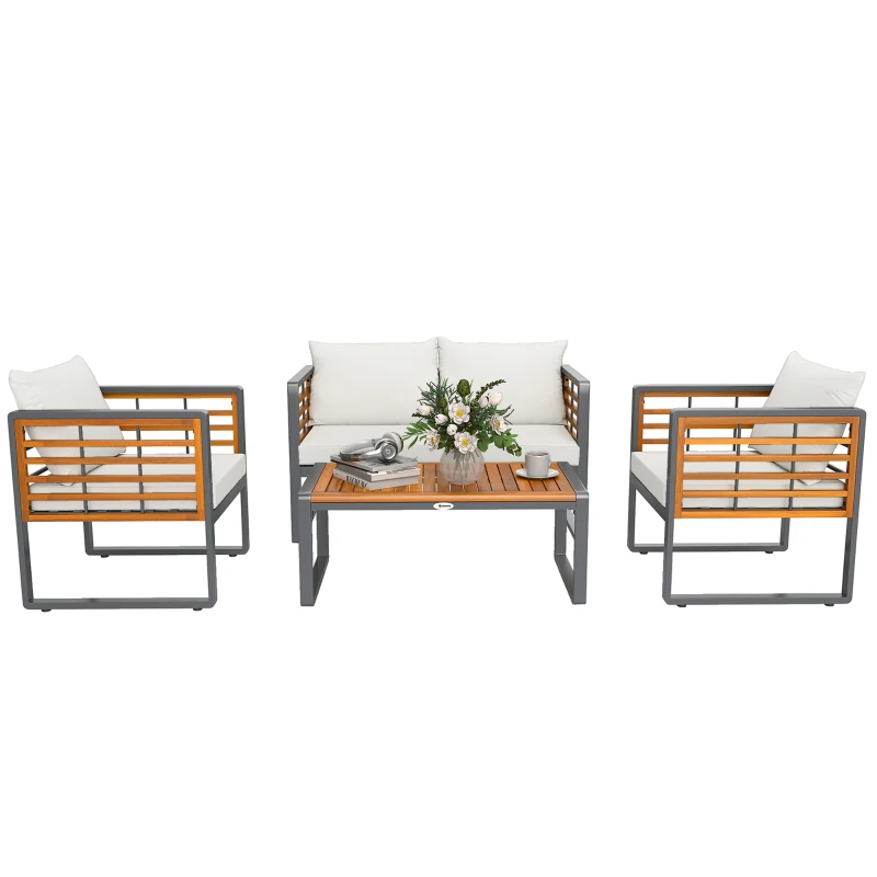 Outsunny 4-teiliges Gartenmöbel-Set, 2 Sessel, 1 Sofa, 1 Kaffeetisch, Sitzkissen, Akazienholz, Stahlgestell, Grau+Beige