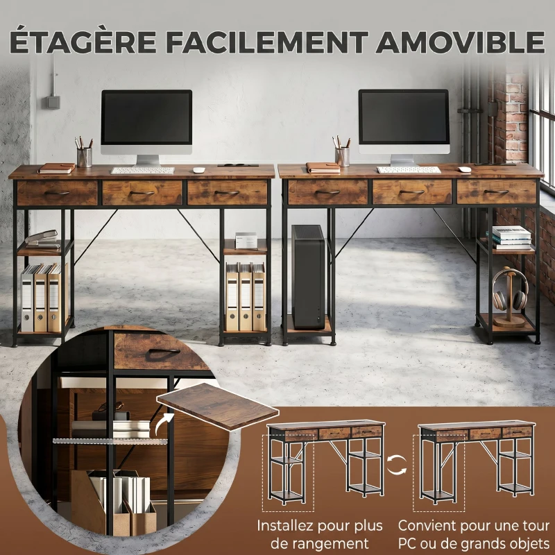 HOMCOM Bureau avec rangement avec prises de courant, 3 tiroirs en tissu et 4 étagères de rangement, 120 x 40 x 76 cm, marron