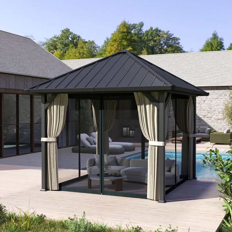 Outsunny 3 x 3 m Hartdach-Pavillon, Gartenpavillon mit Metalldach, Wasserfestes Gartenzelt mit Netz und Seitenwänden, Dunkelgrau