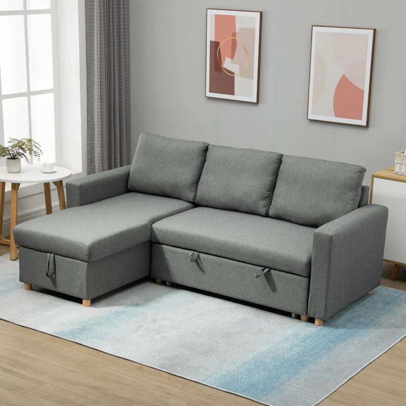 HOMCOM Canapé d'angle convertible canapé lit canapé 3 places modulable avec méridienne réversible, coffre de rangement intégré et 3 coussins de dossier, tissu aspect lin, gris