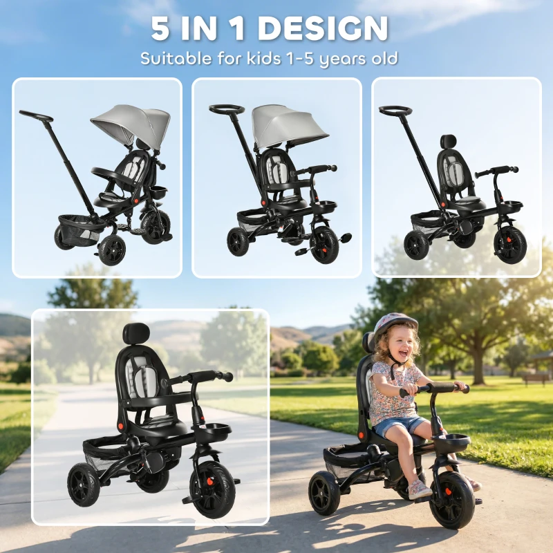 HOMCOM 4 in 1 Kids Trike Toddler Foldable Pedal Tricycle w/ Reversible Angle Adjustable Seat Removable Handle Canopy Belt Brake - Grey