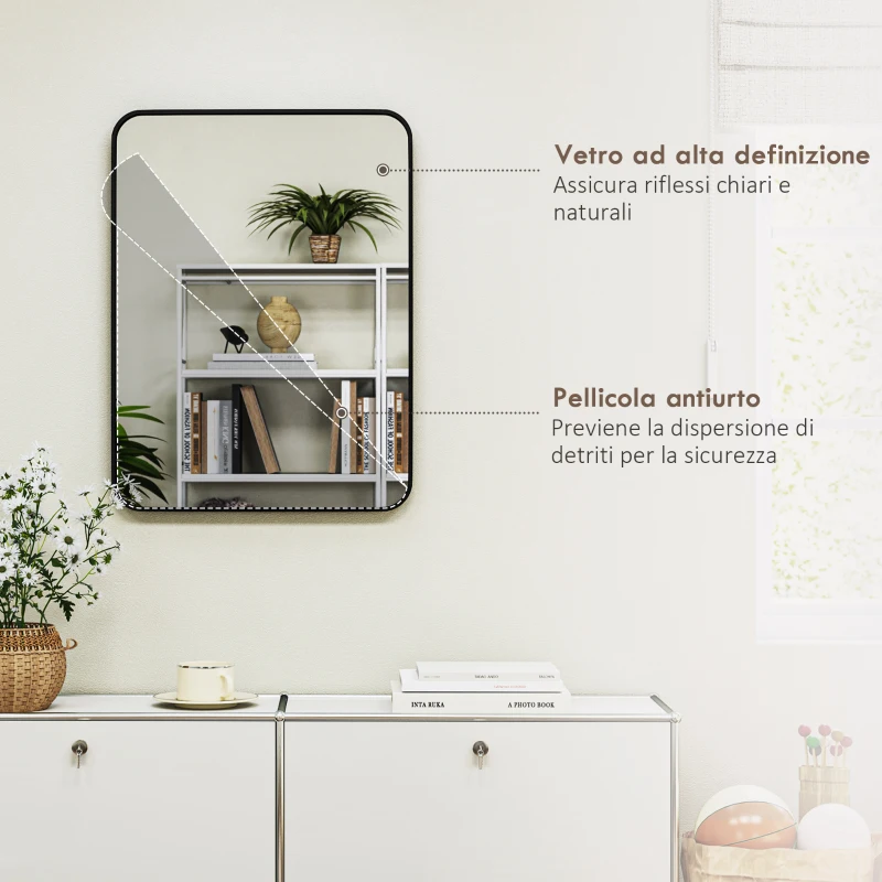 HOMCOM Specchio Bagno con Cornice in Metallo e Gancio, 60x2.5x80 cm, Nero