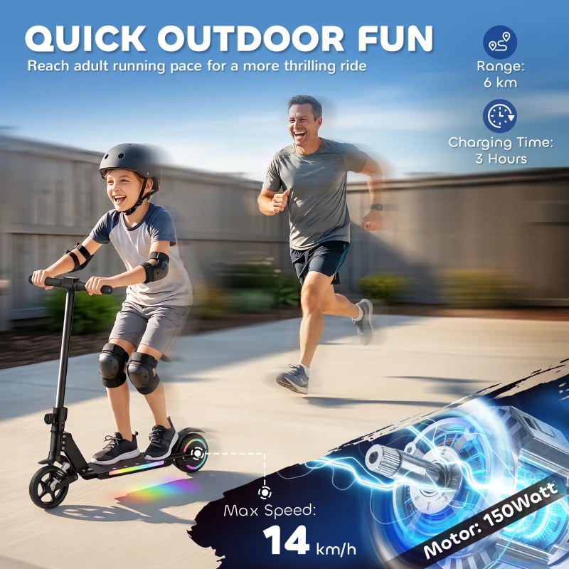 SPORTNOW Folding Electric Scooter for Kids, with Dual Brakes, Front Suspension, LED Colourful Lights, Black