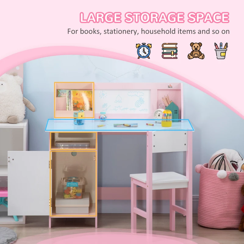 HOMCOM Kids Table and Chair Set w/ Whiteboard - Pink