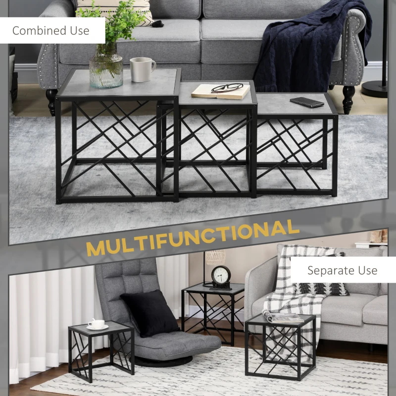 HOMCOM Set of 3 Nesting Coffee Tables, Square Side Tables with Black Metal Frame, for Living Room, Bedroom and Office, Grey