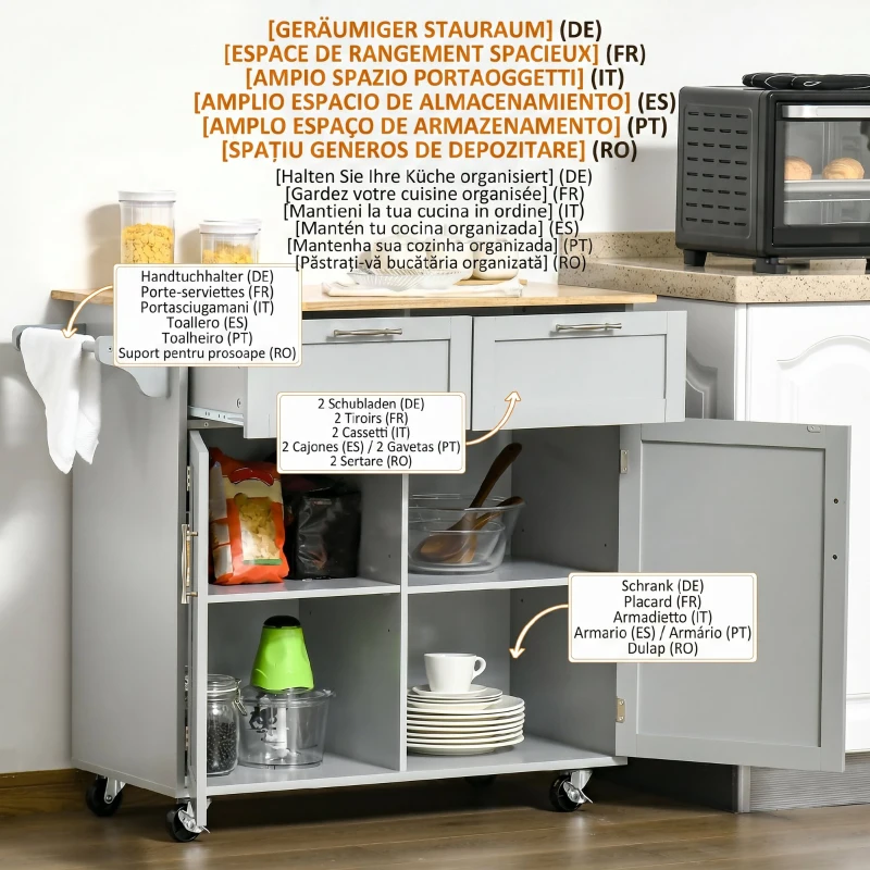 HOMCOM Dulap de Bucătărie Multifuncțional din Lemn cu 2 Sertare, Dulap și 4 Roți, 104x46x91cm, Gri