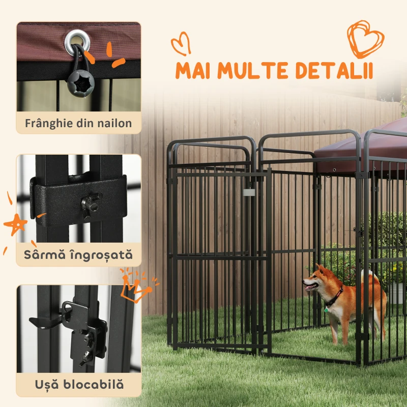 PawHut Țarc pentru câini de exterior din metal cu acoperiș, 282x141x160,5cm, maro(m-7)
