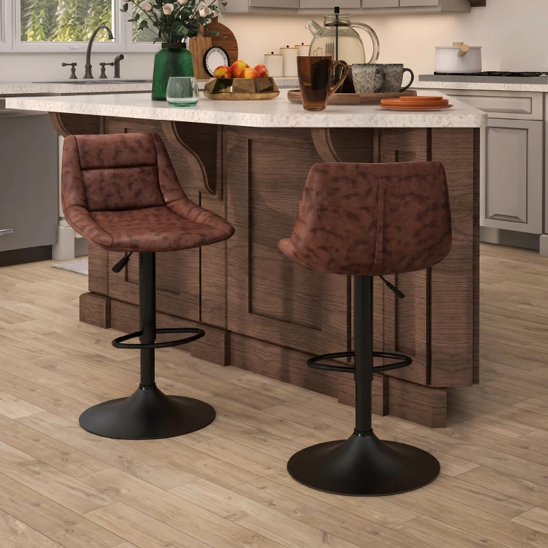 HOMCOM Set 2 Scaune de Bar Vintage din Piele Sintetică Maro cu Suport pentru Picioare și Bază Rotundă, 46,5x50x88-108 cm