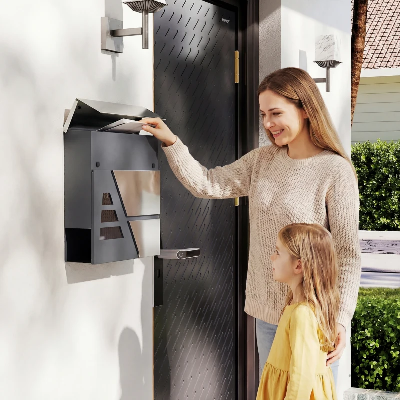 HOMCOM Briefkasten Wandmontage Wetterfest mit Zeitungshalter und 2 Schlüsseln für Außenwand, Dunkelgrau