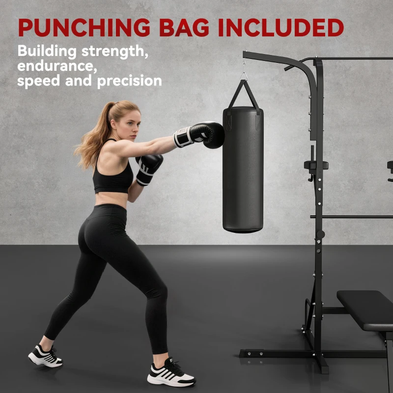 HOMCOM Home Gym Power Tower with Bench and Punching Bag, Multi-Function Adjustable Dip Sit Up Workout Station Equipment Heavy Duty for Home