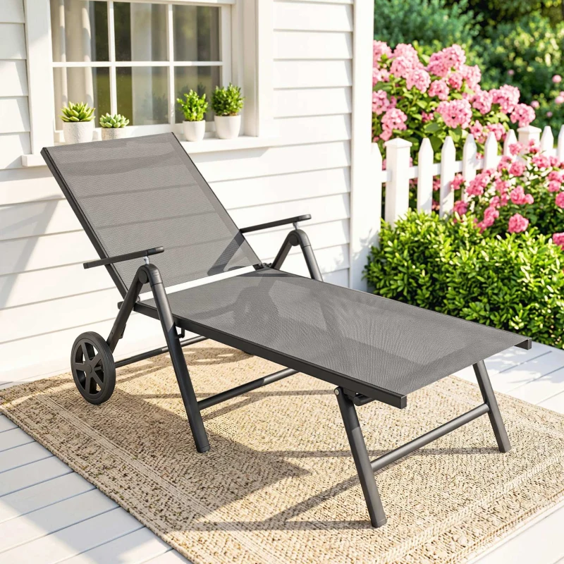 Outsunny Șezlong pliabil și reglabil în 5 poziții, cu roți, din metal și textilenă, 72x158x84 cm, gri