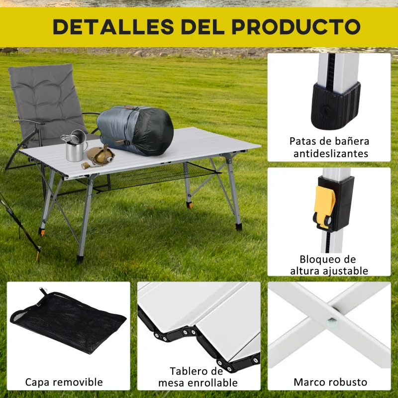 Outsunny Mesa de Pícnic Portátil de Aluminio con Altura Ajustable Estante y Bolsa de Transporte 120x69x59-78 cm Plata
