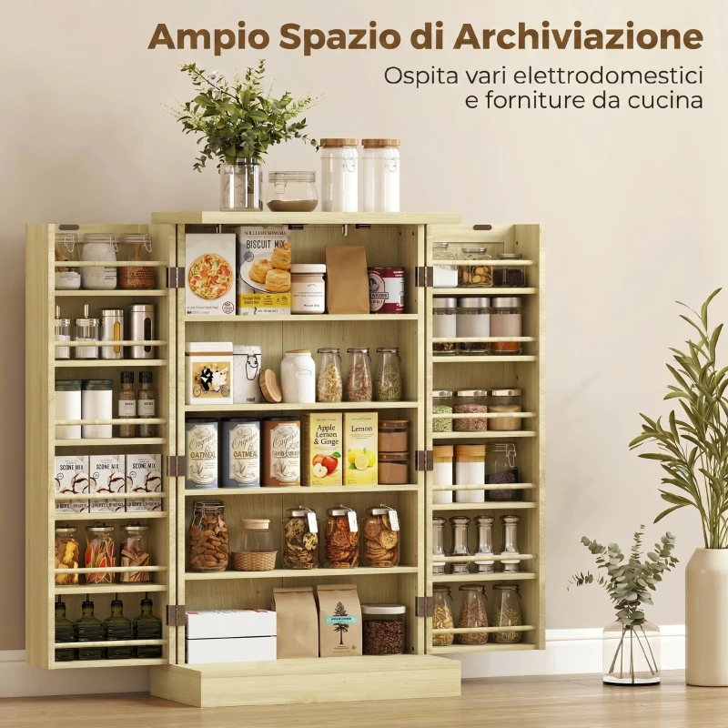 HOMCOM Dispensa 104 cm, 12 rastrelliere spezie, ripiani regolabili, legno naturale.