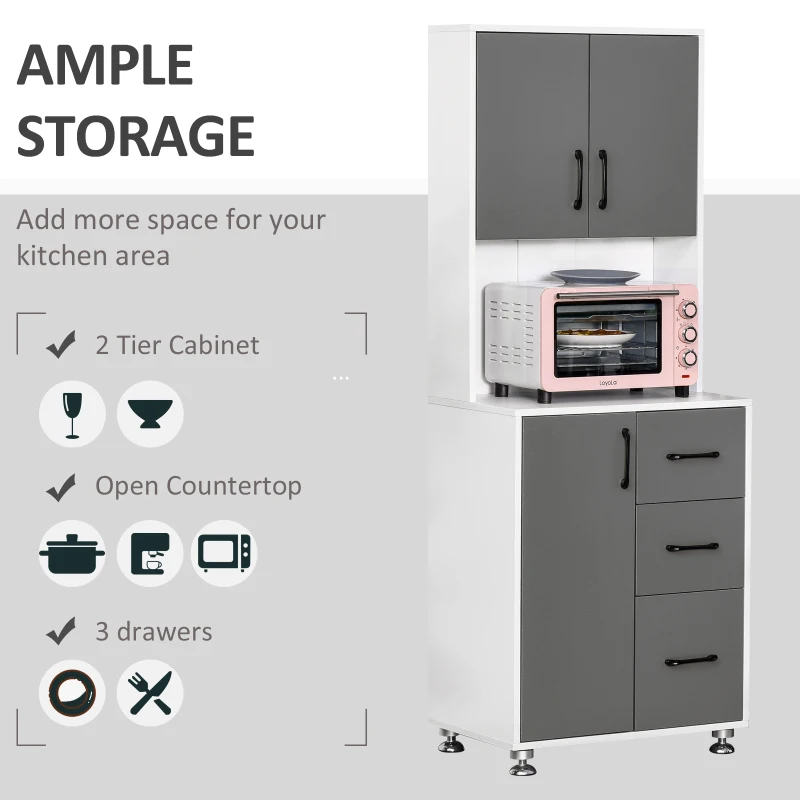 HOMCOM Freestanding Kitchen Cupboard,  Microwave Cabinet with Storage Cabinets,3 Drawers and Open Countertop for Dining Room, Grey