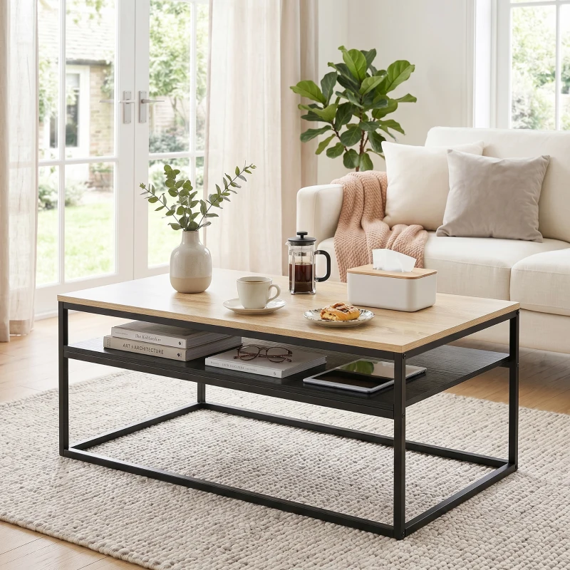 HOMCOM Couchtisch mit Ablage, moderner Industriestil, Wohnzimmertisch für Wohnzimmer, Schlafzimmer, 100 x 59 x 47 cm, Eiche