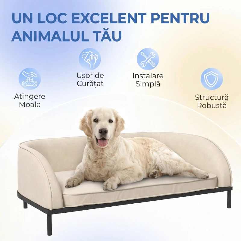 PawHut Canapea pentru Câini de Talie Medie și Mare, cu Pernă Detașabilă și Husă Lavabilă, Material Vellutato, Crem