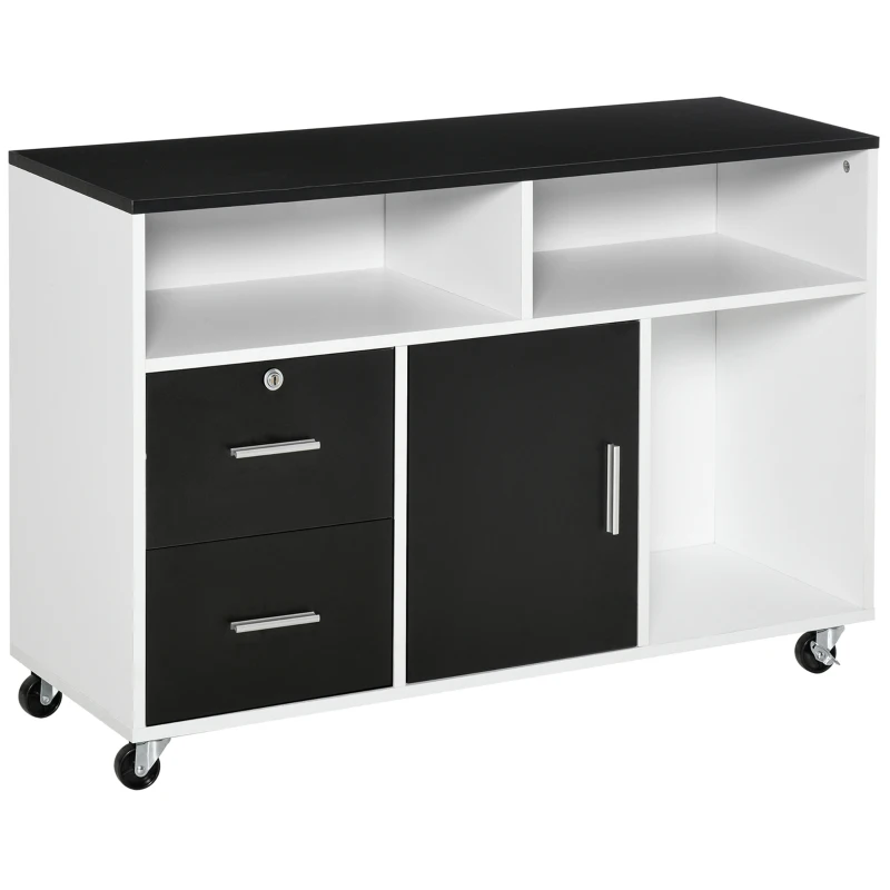 Support d'imprimante Organiseur Bureau Caisson Placard + 2 tiroirs + niches + Grand Plateau Panneaux Particules (Noir)