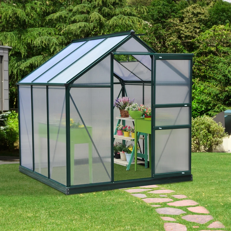 Outsunny Invernadero de Jardín 2x2 m Policarbonato y Aluminio Vivero Casero con Tragaluz Protección UV30 y Base 3,65 m² para Macetas Cultivo Plantas Flores Transparente