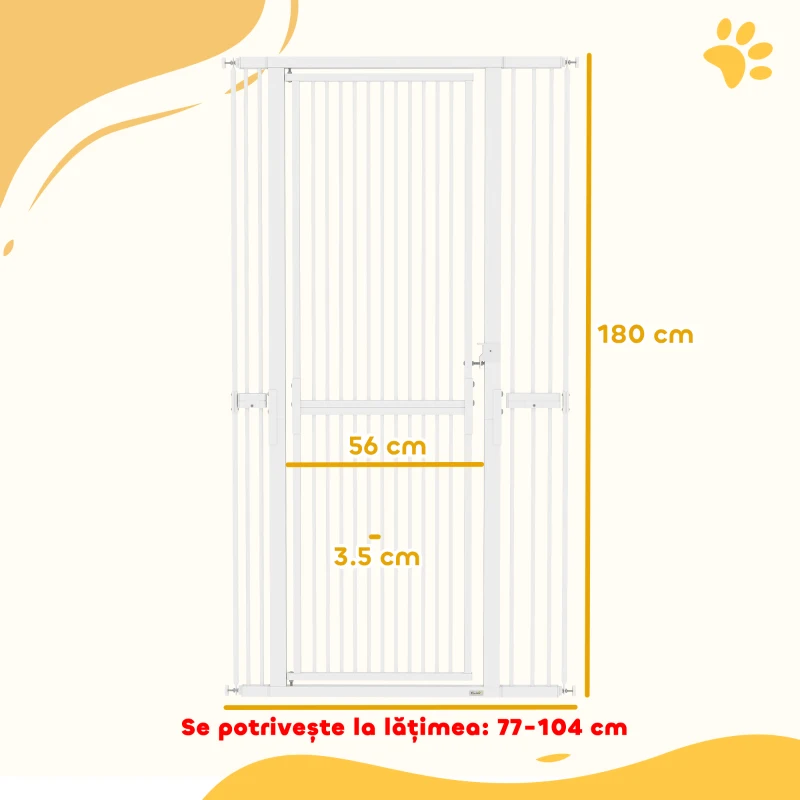 PawHut Poartă pentru Câini și Pisici, Înaltă de 180 cm, Extensibilă de la 77-104 cm, Montaj prin Presiune, Albă