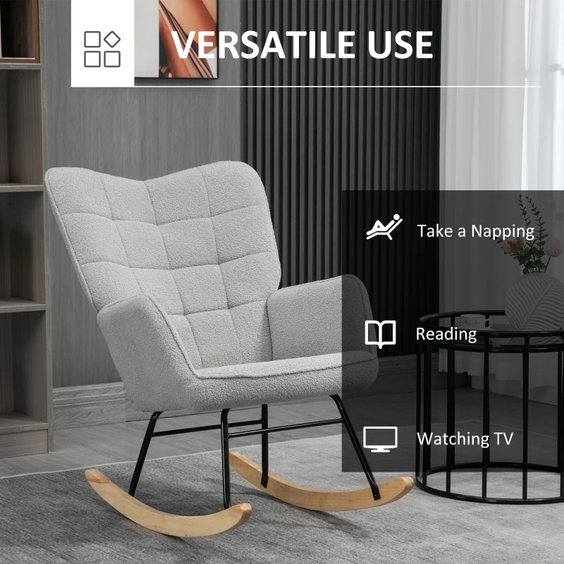 HOMCOM Accent Rocking Chair, Berber Fleece Glider Rocker, Modern Armchair, Wingback Chair for Living Room and Bedroom, Grey(m-6)