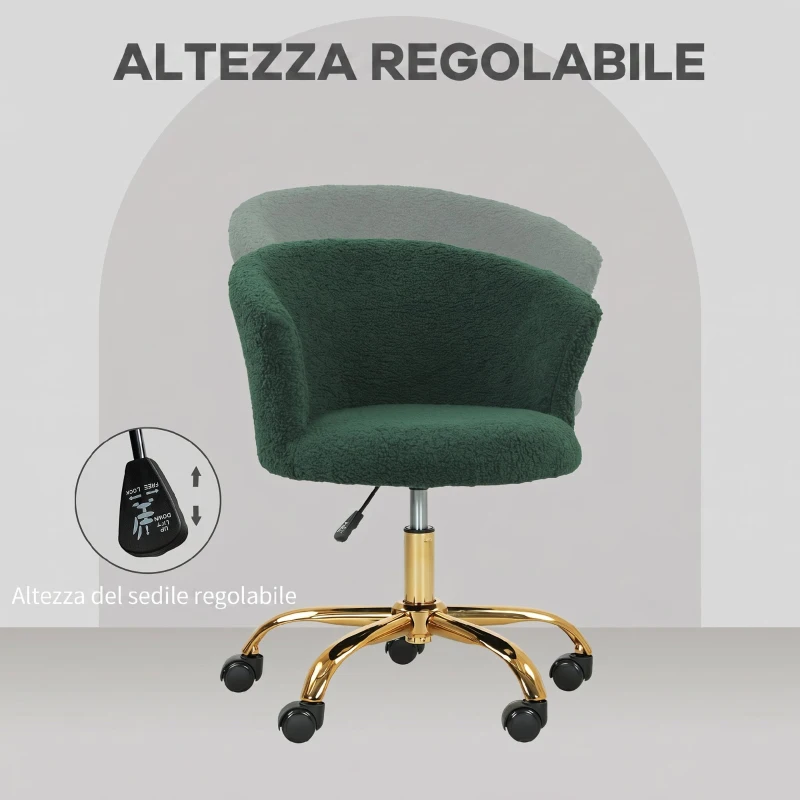 Vinsetto Sedia da Ufficio Girevole in Velluto Teddy, Struttura Acciaio, Altezza Regolabile, Portata 120kg, Verde Scuro