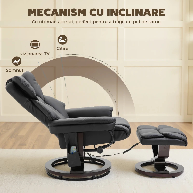 HOMCOM Fotoliu Relax cu Taburet Suport pentru Picioare și Funcție de Masaj, Rabatabil la 145° și Rotativ la 360°, Negru