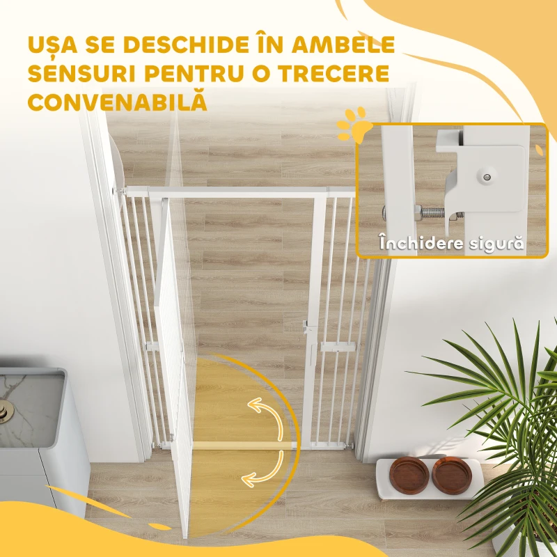 PawHut Poartă pentru Câini și Pisici, Înaltă de 180 cm, Extensibilă de la 77-104 cm, Montaj prin Presiune, Albă