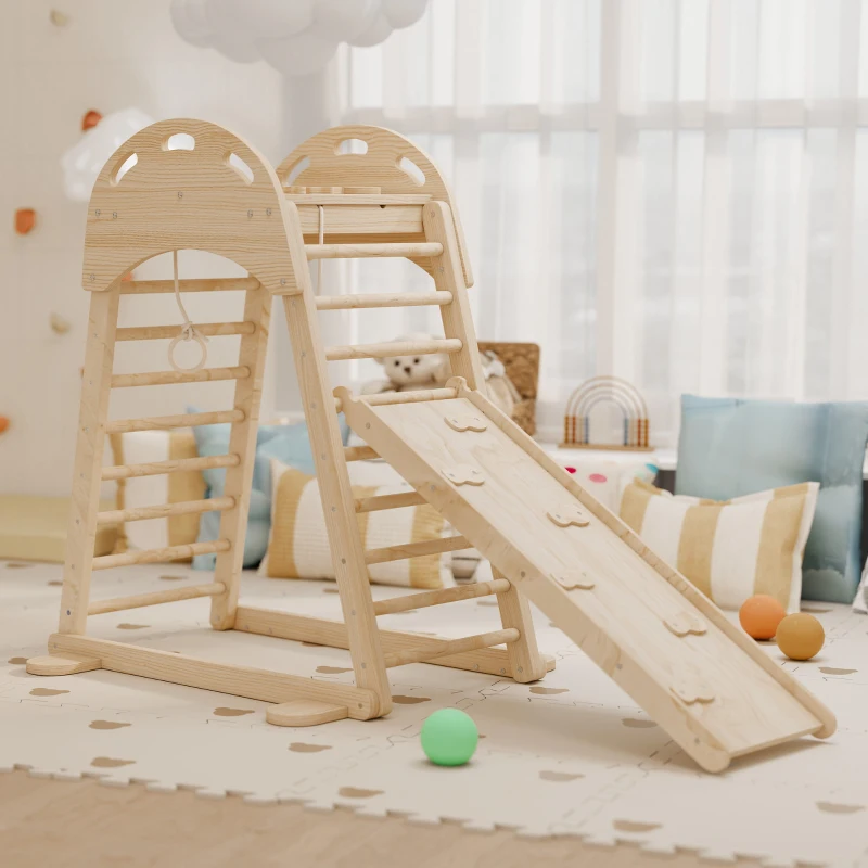 AIYAPLAY Triângulo de Escalada Montessori 6 em 1 Estrutura de Madeira com Plataforma Anéis e Escorrega para Escalar ou Deslizar Madeira