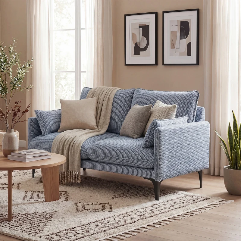 HOMCOM Divano 2 Posti in Tessuto con Braccioli, Imbottitura Spessa e 2 Cuscini, 131x78x83 cm, Blu