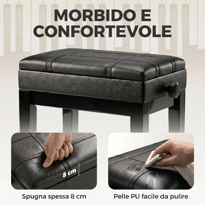 HOMCOM Sgabello per Pianoforte con Altezza Regolabile e Contenitore in Legno e Finta Pelle, 63x35x46-56cm, Nero