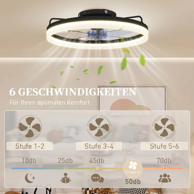 HOMCOM Deckenventilator mit Licht und Fernbedienung, 50 cm LED-Deckenventilator mit 3 Farben, 6 Geschwindigkeiten, Timer, Dimmbar