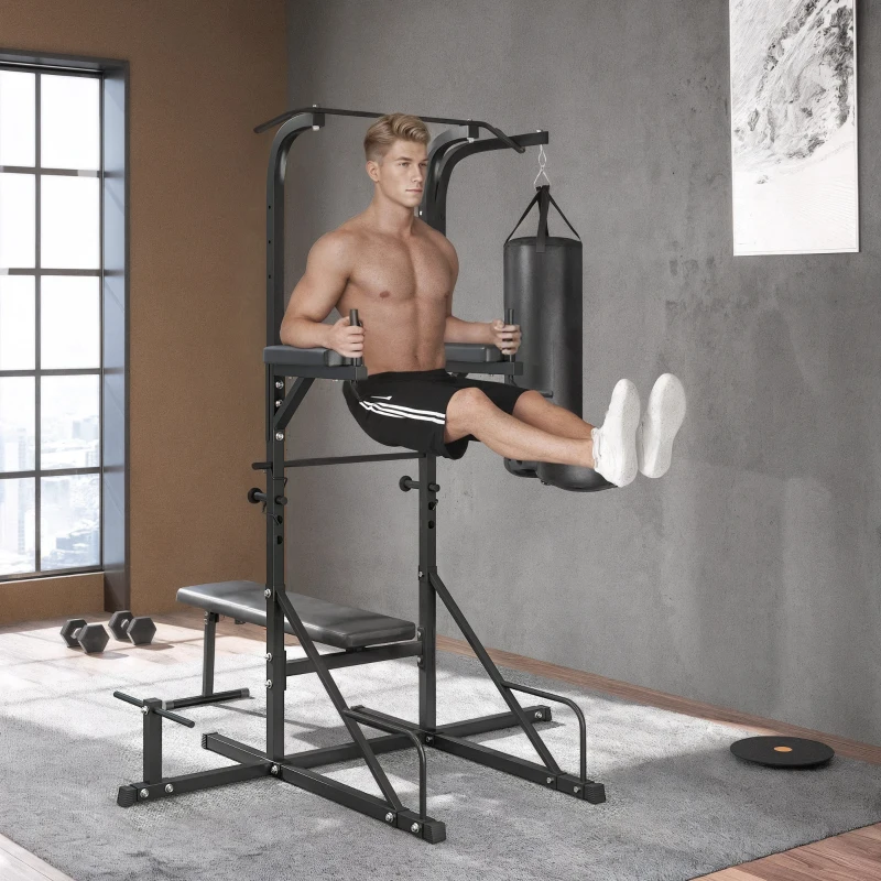 HOMCOM Home Gym Power Tower with Bench and Punching Bag, Multi-Function Adjustable Dip Sit Up Workout Station Equipment Heavy Duty for Home