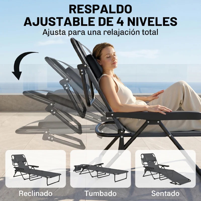 Outsunny Tumbona Plegable Respaldo Ajustable Orificio de Lectura Reposacabezas y Brazos Carga 120 kg 145x72x89 cm Gris Oscuro